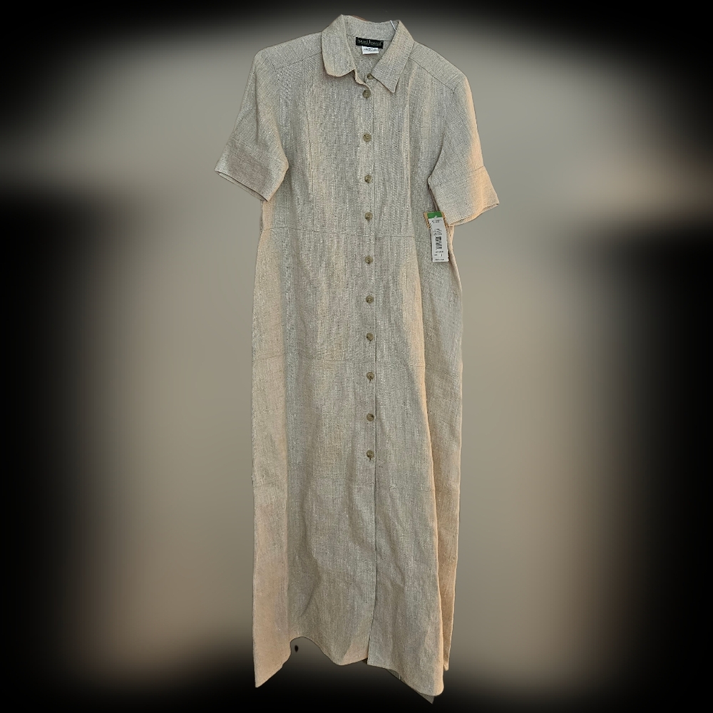 Harve Benard Beige Linen-Blend Maxi Shirt Dress
